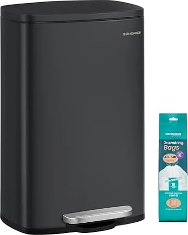 SONGMICS 50L Ink Black Kitchen Bin, Easy-Clean Steel, Soft-Close Lid | Hands-Free Opening, Bag Holder and Space-Saving Design for Kitchens, Dining Areas and Offices, LTB050B02