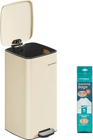 SONGMICS Kitchen Bin, 30L Steel Pedal Bin | Trash Bin, with Inner Bucket, Soft Close and Stays Open, Pale Gold and Ink Black, PLUSHIC Collection LTB593A02