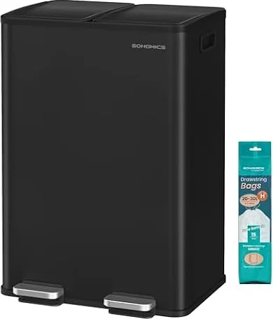 SONGMICS 2 x 30 L Dual-Compartment Pedal Rubbish Bin, Steel | 60L Kitchen Bin, Soft-Close Lid, Inner Buckets, Includes 15 Liner Bags, Black, PARY Collection LTB741B02