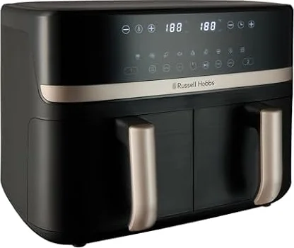 Russell Hobbs Dual Air Fryer, 9L Rapid Airfryer XXL, Dual Basket and Zone | Low-Noise Operation, Nine Cooking Programs, Dishwasher-Safe Drawers, Oil-Free Cooking, Max Temperature 200℃