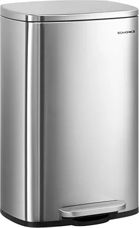 SONGMICS 50L Silver and Black Kitchen Bin, Stainless Steel, Soft-Close Lid | Hands-Free Opening, Bag Holder and Space-Saving Design for Kitchens, Dining Areas and Offices, LTB050E01