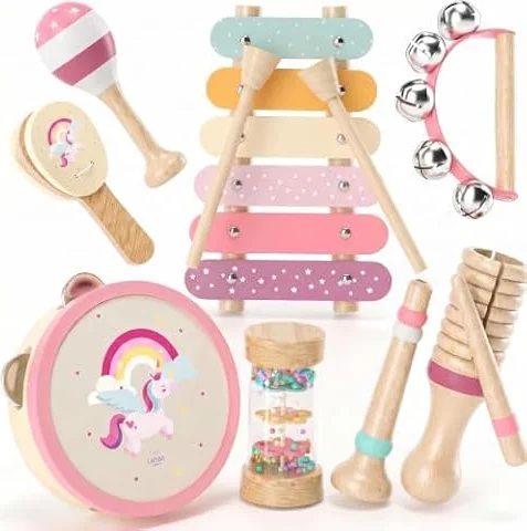 Lehoo Castle Wooden Unicorn Musical Instruments for Toddler Girls 1-3 | Montessori Kids Musical Toys, Baby Maracas Xylophone Tambourine, Percussion Instruments Set 12M+