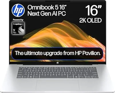 HP OmniBook 5 Next Gen AI Laptop | Snapdragon X1 | 16GB RAM | 512GB SSD | 16” 2K OLED Display | Adreno Graphics | Up to 34.75hrs Battery | Fast Charge | Windows 11 | 16-bf0000sa | Charger Included