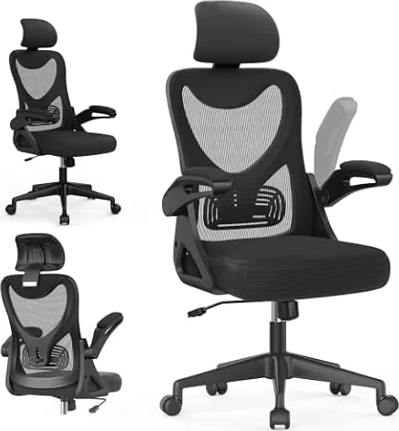 Neezee Office Chair - Ergonomic Desk Chair Breathable Mesh Chair with Adjustable Lumbar Support Headrest, Padded Flip-up Armrests High Back Computer Gaming Chair For Home Office