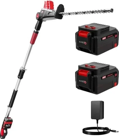 MZK 20V Pole Hedge Trimmer,57cm Blade,2.4m,2x4.0Ah Pro Battery Packs | 30-180° pivoting head cordless hedge trimmer. 2 batteries, charger & dual-lock for safe long reach hedge trimmer use.
