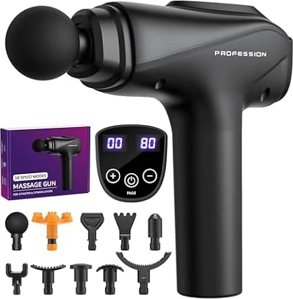 Bemkia Massage Gun Deep Tissue Muscle Percussion Massager 30 Speeds | 10 Heads, Portable, Long Battery Life for Muscle Relaxation, Back Shoulder Pain Relief, Gift-Ready Set, Black
