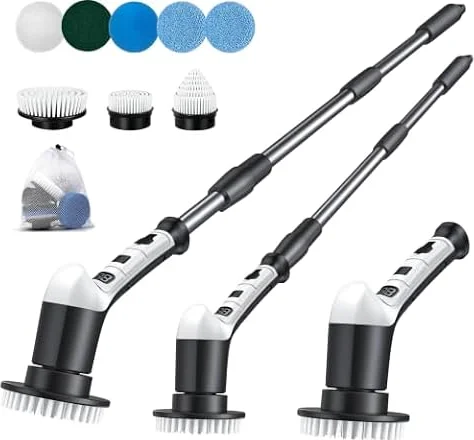 Electric Spin Scrubber, 8 in 1 Electric Cleaning Brush with IPX7 | 3 Handle Lengths & 8 Replaceable Brush Heads, Electric Scrubbing Brush for Bathrooms, Kitchens, Cars, and Floors