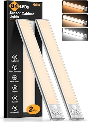 Gritin Under Cabinet Kitchen Lights Rechargeable 2 Pack-3 Color Temps | 5 Level Brightness, Super Bright,4 Modes,Motion Sensor,Long Lasting-Easy Installation Strong Magnetic Under Closet Light-26CM