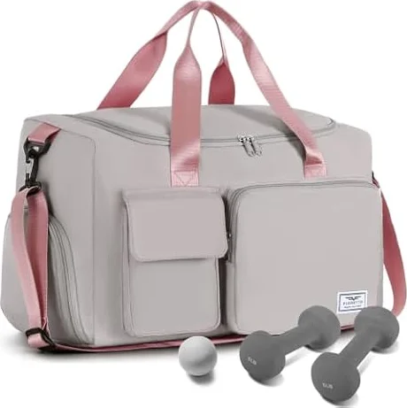 FIORETTO Gym Bag Womens, Sports Bag with Shoe Compartment, Grey&pink | Large Capacity, Wet Pocket, Water-resistant, Luggage Sleeve, Removable Strap, Ideal for Swimming, Travel or as a Hospital Bag