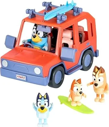 Bluey Heeler 4WD Family Toddler Toy Car, Pretend Play Bluey Toys, 4 Figures | Surfboards and sticker sheet, Bluey toy playset for kids ages 3+, Bluey and Bingo toys, Amazon exclusive