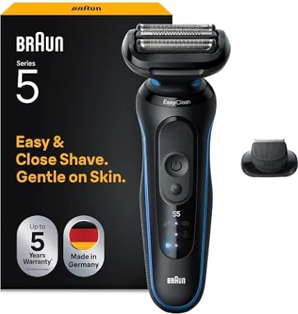 Braun Series 5 Electric Shaver for Men, Wet & Dry Foil Razor, Blue | Precision Trimmer Attachment, 3 Flex Blades, Turbo & Standard Modes, 50 Min Runtime, Waterproof, Made in Germany, 52-B1200SI