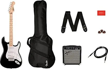 Squier by Fender Sonic Stratocaster Beginner Electric Guitar Pack, Black | Starter Kit with Amp, Bag, Cable, Strap, Electric Guitar (for Beginners and Adults)
