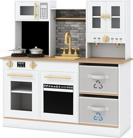 COSTWAY Kids Wooden Kitchen, Large Pretend Play Kitchen with Lights & Sounds, Microwave, Sink, Fabric Drawers, Utensils, Children Cooking Role Playset for Boys Girls (Natural+White)