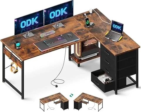ODK Corner Desk with Drawers, L Shaped Computer Desk, 135 x 100 cm, Brown | Reversible Office Desk with Power Outlets & USB Ports, PC Work Desk with Storage, Host Stand & Hooks, Home Office and Study