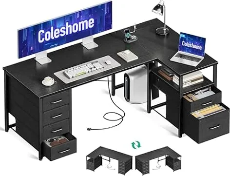 Coleshome L Shaped Computer Desk with 6 Drawers & Power Outlet, 140×80cm | Reversible Corner Office PC Desk with File Storage, for Study, Bedroom, Home Office Workstation and Small Spaces, Black