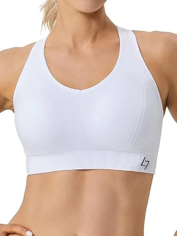 FITTIN Racerback Sports Bra for Women: High Impact Padded Top White | Support Padded Seamless Comfortable Full Coverage Tops for Yoga Gym Workout Fitness for Plus Size Large Breasts Ladies