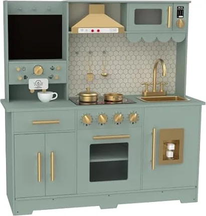 12"l x 35"w x 37"h Kids Play Kitchen with Smooth Rounded Edges, Green | Realistic Sink Oven Stove Coffee Maker Microwave with Cooking Utensils, Sturdy Structure for Role Play & Parent-Child Bonding