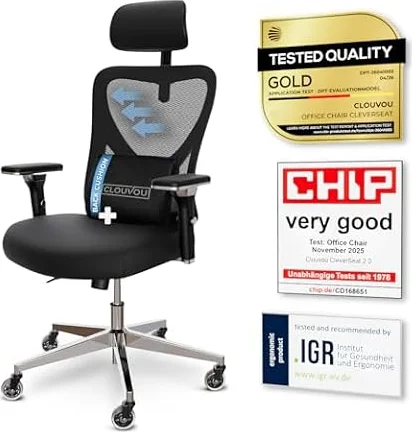 CLOUVOU Ergonomic Office Chair for Home | Premium Back Support | Black | WFH Desk Chair with adjustable Lumbar Support, Headrest and Armrests, High Back | Comfy Seat Cushion 330lbs | Breathable Mesh