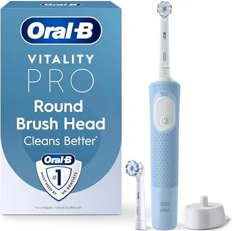 Oral-B Vitality Pro Electric Toothbrushes Adults, Oral B Electric Toothbrush, 1 Handle, 2 Toothbrush Heads, 3 Brushing Modes Including Sensitive Plus, Rechargeable Toothbrush, 2 Pin UK Plug, Blue