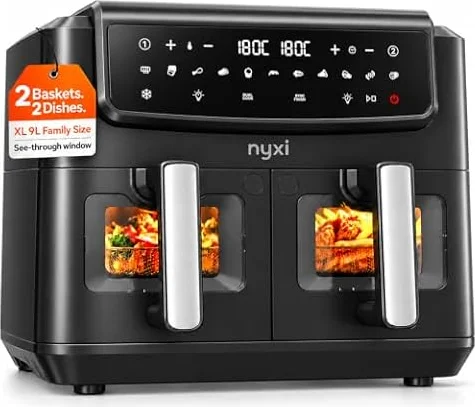 Nyxi Air Fryer 9L Dual Basket (4.5L Each), Visual Window, 13 Cooking Modes, Digital Control, Adjustable Temperature, Timer, Non-Stick Tray, Energy-Saving (Dual Basket, 9 Litre, Model 3867)