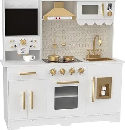 12"l x 35"w x 37"h Kids Play Kitchen with Smooth Rounded Edges, White | Realistic Sink Oven Stove Coffee Maker Microwave with Cooking Utensils, Sturdy Structure for Role Play & Parent-Child Bonding