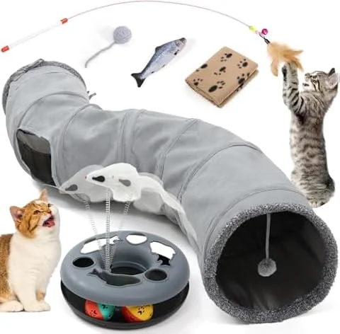 YGJT Cat Tunnel Cat Toys for Indoor Cats Adult, Kitten Toys for Boredom | Cats Interactive Toys Set with Spining Balls, Feather Wand, Fish, blanket and Ball toy, Cat Accessories
