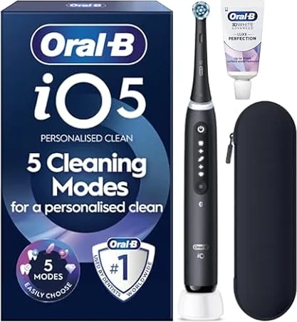 Oral-B iO5 Electric Toothbrush, Matt Black, with Travel Case and Toothpaste | 1 Toothbrush Head, 3-D White Luxe Toothpaste Included, 5 Cleaning Modes, Visible Pressure Sensor, Long-Lasting Battery