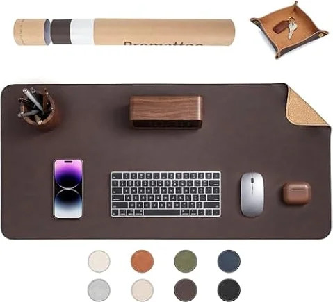 PROMATTOO Faux Leather Desk Mat with Valet Tray, Non-Slip Waterproof Desk Pad, Cork-Effect Printed Backing, Desk Protector with Gift Tube for Office & Home(Espresso Brown)