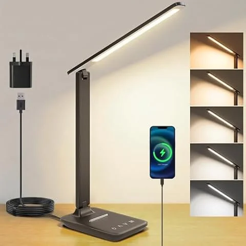 UPXNBOR LED Desk Lamp, Eye-Caring Table Lamp for Home Office & Reading | Dimmable Bedside Lamp With USB-A Charging Port, 5 Colour Modes & 5 Brightness Levels, Touch Control & Foldable Design, Black