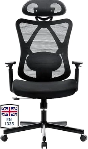 BASETBL Office Chair, Ergonomic Desk Chair, High Back Computer Chair, Mesh | 2D Lumbar Support, 95°–130° 3-Position Lock, 9 cm Foam Seat, 7 cm Armrest Adjustment, Mesh Back, 150 kg, Silent Castors