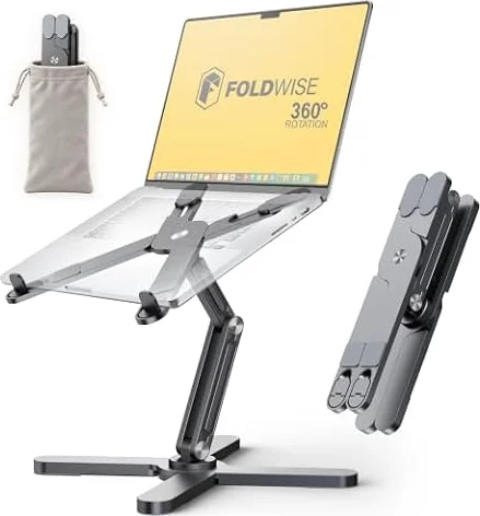 FoldWise X Premium Laptop Stand for Desk, 100% Aluminium with 360° Rotation | Adjustable Height & Angle Laptop Riser, Foldable & Portable Sturdy MacBook Stand for Travel - Fits all 11 to 18 inch Devices