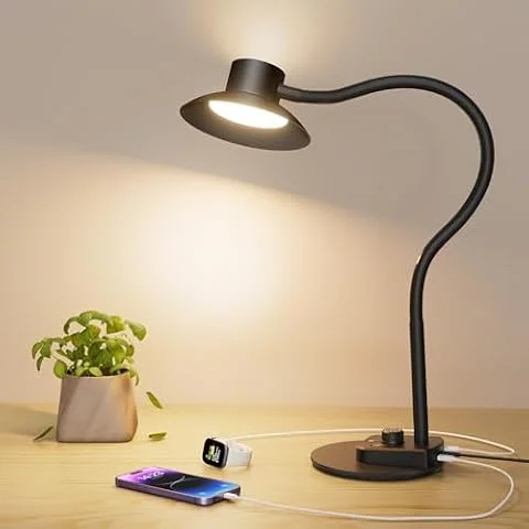 Plug-in Desk Lamp with Dual USB Ports, Dimmable Eye-Caring, 1400LM, Black | 5 Light Modes & Stepless Dimming, LED Bedside Reading Lamp Flexible Gooseneck for Home Office, Study Bedroom Dorm Nightstand