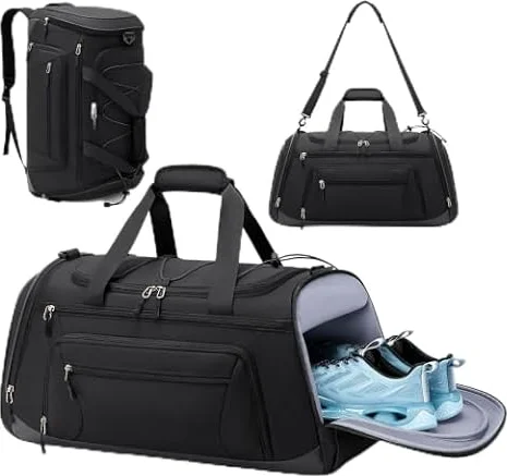 RAINSMORE Sports Gym Bag 47L Duffel Bag with Shoe Compartment, Wet Pocket | Gym Bags for Men with Backpack Function, Large Sports Holdall Bag, Water Resistant Mens Weekend Bag for Travel