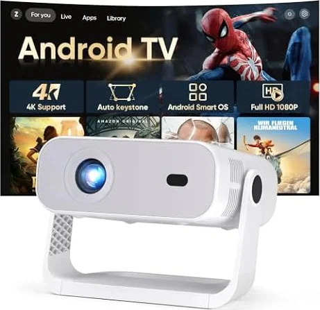 2026 New Smart Projector Built-in Apps Android 14 Native 1080P 4K Supported | WiFi 6 Bluetooth 5.2, 300 ANSI Lumens, Low Fan Noise (<30dB), Portable Mini Projector for Outdoor (Gray)