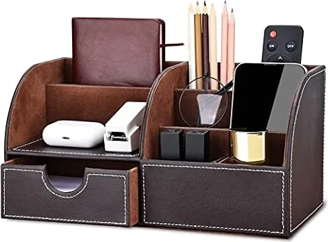 KINGFOM PU Leather Office Desk Organiser Tidy Pen Pencil Pots Holder Stationery Storage Box Desk Accessories Brown