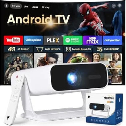 2026 New Smart Projector Built-in Apps Android 14 Native 1080P 4K Supported | WiFi 6 Bluetooth 5.4, 550 ANSI Lumens, Low Fan Noise (<30dB), Primeum Projector for Home (2026 CinePro-Black)