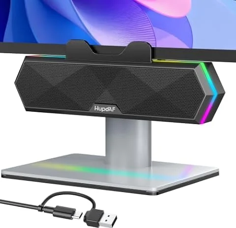 Hupoaf PC Speakers, Clip-On Monitor Speaker, RGB Lights, 10W Stereo Sound | USB Powered Computer Speakers, Mini Soundbar for Desktop, Laptop & Monitor, Plug & Play Gaming Speaker