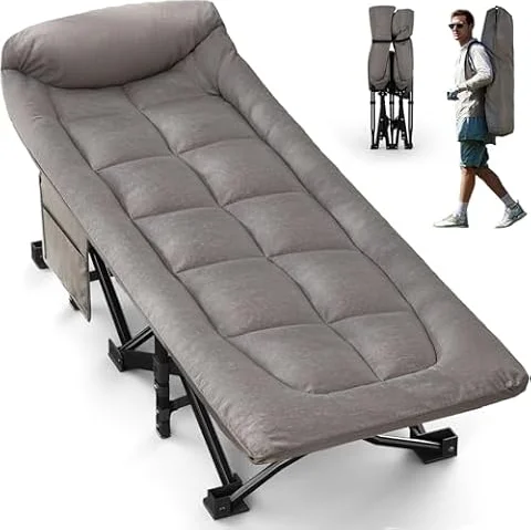 OVERMONT 28" Extra Wide Padded Folding Camping Beds for Adults | Comfortable Portable with Cushion and Pillow - Folding Cot with Carry Bag Supports 550 lbs for Outdoor Travel Home Office Nap