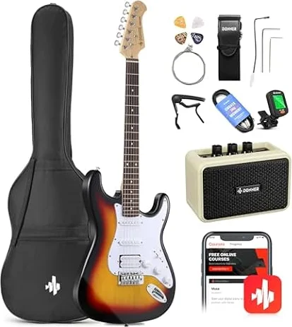 Donner Electric Guitar 39 Inch Beginner Kit HSS Sunburst | Full-Size Starter Package With Amp, Online Lesson, Bag, Tuner, Capo, Strap, String, Cable And Picks