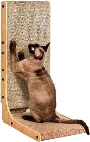 EHEYCIGA L Shape Vertical Cat Scratcher with Ball Toy, 68cm High, Brown | Stand Up Cardboard Cat Scratcher, Scratching Board for Indoor Cats, Protecting Furniture Scratch Pad