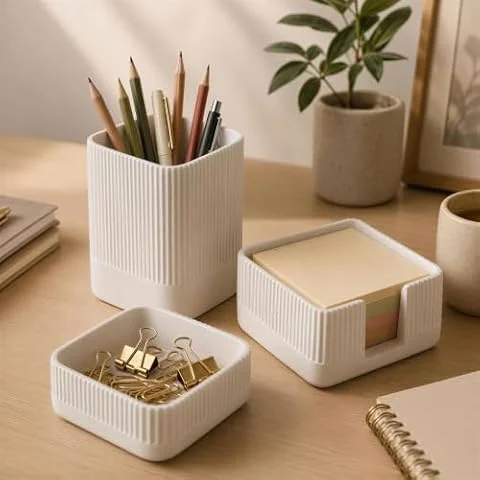 Aesthetic Desk Organizer Set of 3 For Your Office - Sturdy Concrete Desktop Accessories For Women or Men Enhance Any Office Decor - Set incl. Pen Holder, Paperclip Storage and Sticky Note Holder