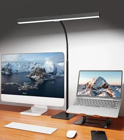 Led Desk Lamp for Home Office with Base, 12W Computer Monitor Table Light | Eye-Caring, Adjustable Gooseneck, USB Adapter, Touch Control, 5 Dimmable Brightness & Color, Tall Lamp for Work Study