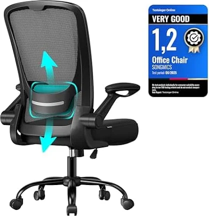 SONGMICS Office Chair, Ergonomic Mesh Desk Chair, Flip-Up Armrests | Thick Sponge Cushion, 90-105° Tilt, 64 x 64 x (110-118) cm, for Home Office, Ink Black, Kime Collection OBN37BKUK