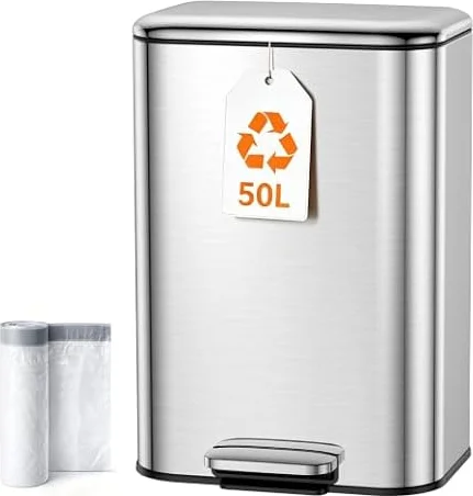 Kitchen Bin 50L, Pedal Bin,13 Gallon Stainless Steel Soft‑Close Rubbish Bin | Stay-Open Lid, for Recycling and Waste, Removable Inner Bucket, for Home Office, with 15 Bin Bags, Space Silver