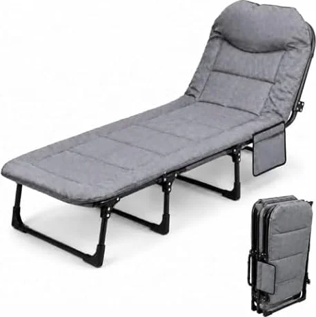 Foldable Camping Bed for Adults – Reclining Guest Bed with Adjustable Backrest, Padded Pillow & Side Pocket, Linen-Look Fabric, Steel Frame, 180 x 60 x 27 cm