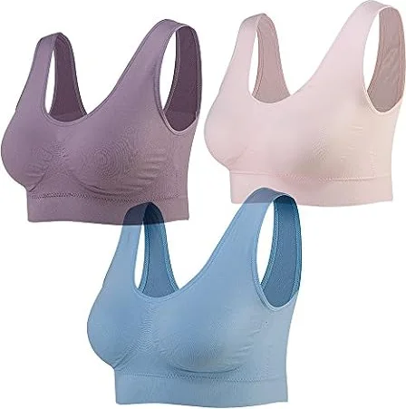 Lemef 3-Pack Seamless Sports Bra Wirefree Yoga Bra with Removable Pads for Women, L, Pink&blue&purple