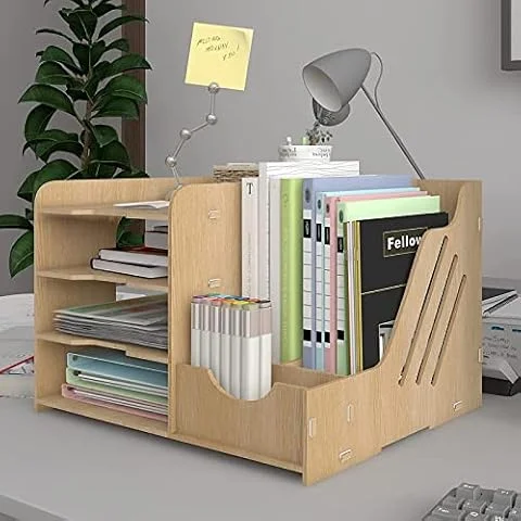 PUNCIA 4 Tiers Office Wood Desk Organizer Letter Tray A4 Paper Sorter | Magazine File Holder with Vertical Horizontal Stationery Supplies Storage Box Desktop Binder Folder Mail Document Rack