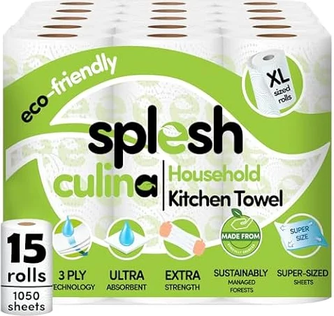 Splesh Culina Kitchen Towel - 15 XL Rolls (1050 Sheets) 3 Ply Ultra Absorbent & Extra Strong, Large Eco-Friendly Household Kitchen Rolls - 70 Super Sized Triple Layered Sheets Per Roll