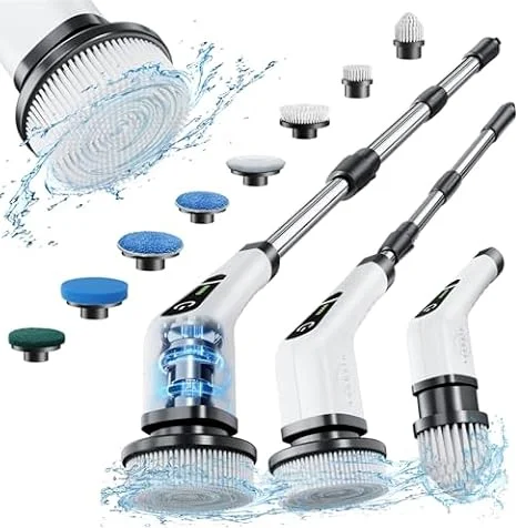 Electric Spin Scrubber, Bathroom Shower Cleaning Brush with Long Handle | 8 Brush Heads, 90Min Runtime, 54 Inch Long Handle, IPX7 Waterproof, 2 Speed Adjusting for Bathroom Cleaner