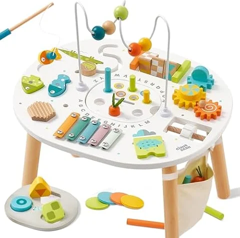 Giant bean® Wooden Activity Table for 1+ Years, Montessori Learning Table | 11-in-1 Activity Table with Bead Maze, Shape Sorter, Fishing Game Sensory, Development Toy for Toddlers, 1st Birthday Gift